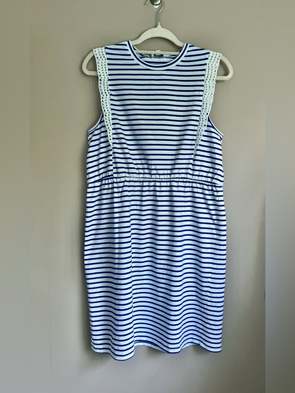 Molly Bracken Sleeveless White Blue Crochet Panel Stripe Sailor Dress size large